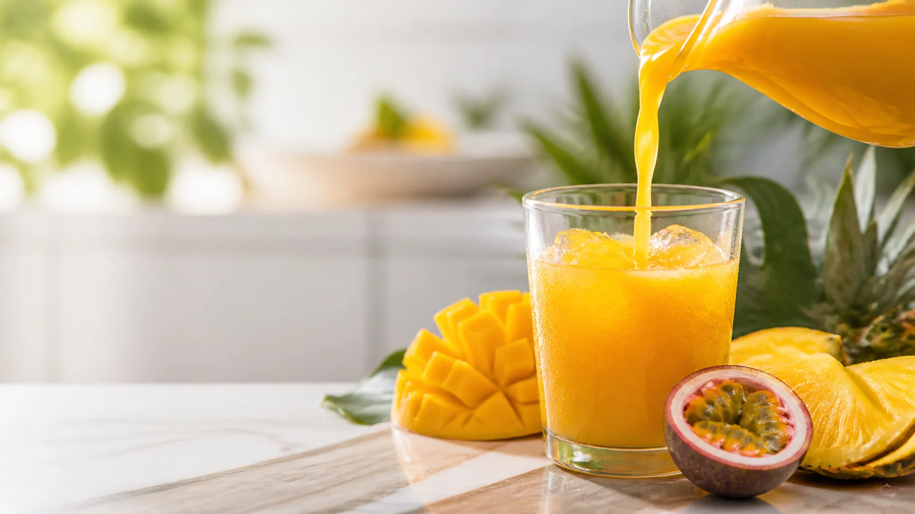 Jugo servido con fruta como referencia de preparación Canoa
